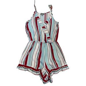 J for Justify wrap romper ruffle hem striped red white blue & black